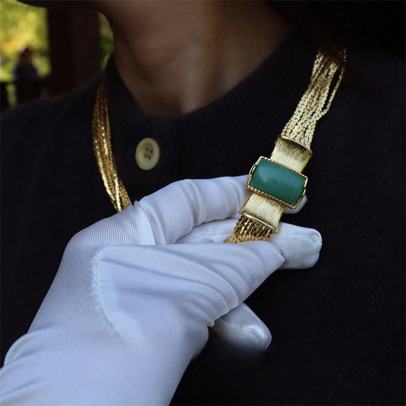 Mid-Century Liquid Gold Ribbon Natural Stone Necklace & Bracelet