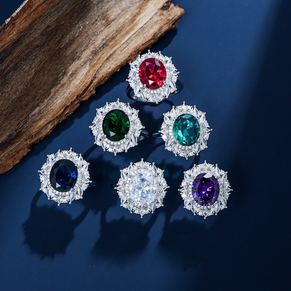 Royal Oval Gemstone-Tone Sunburst Halo Ring
