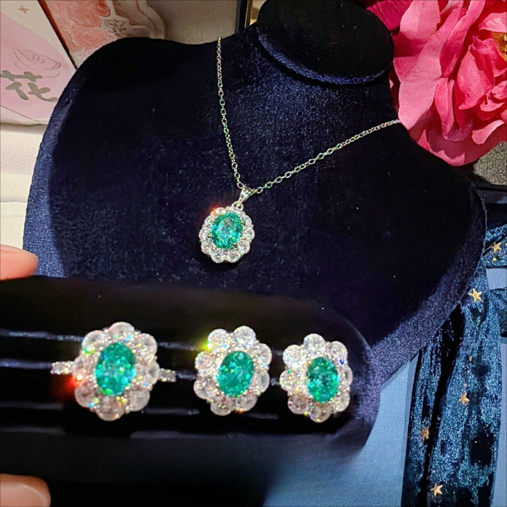 Aqua Bloom Sunflower Necklace Earrings & Ring
