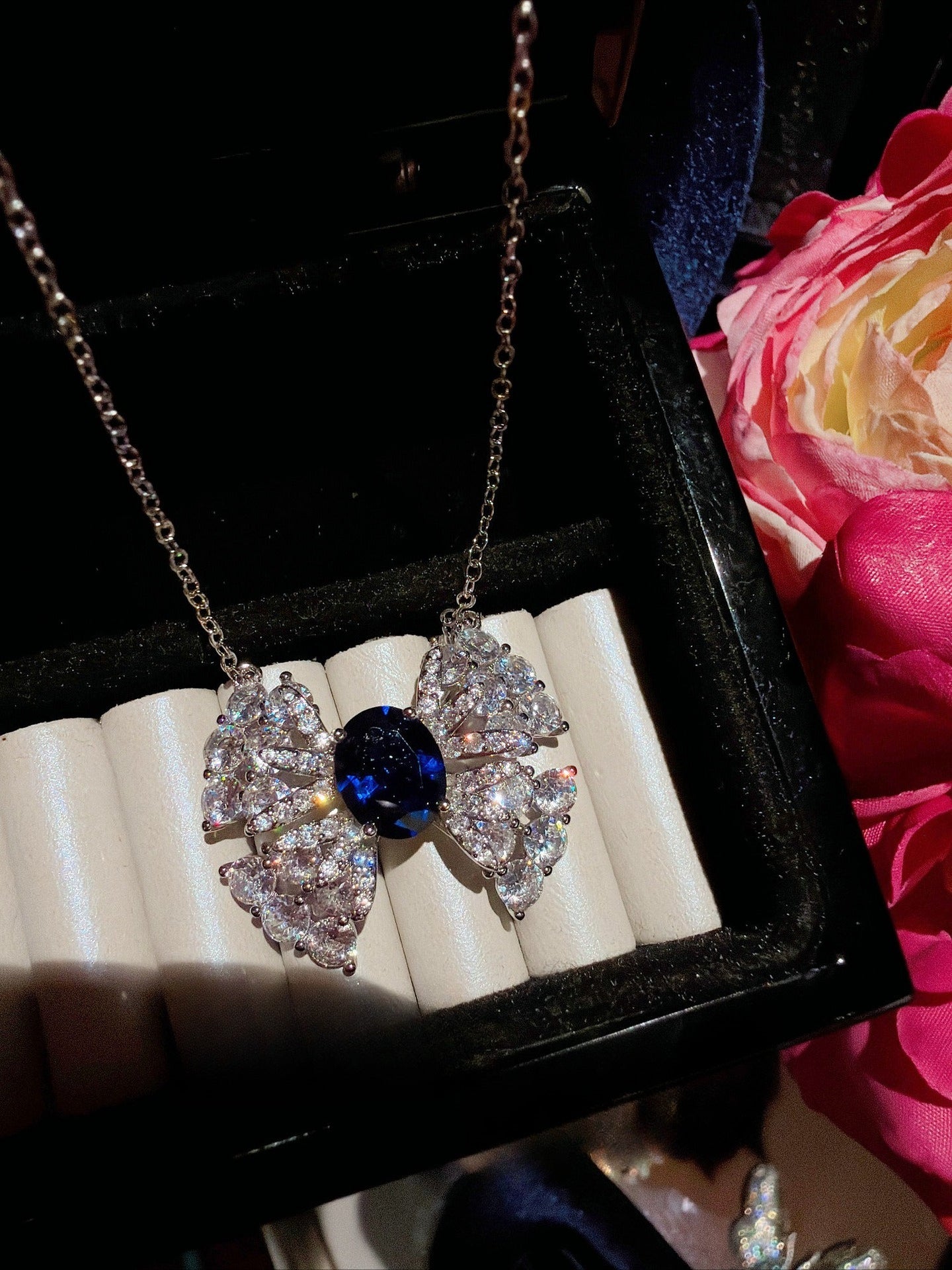 Elegant Sapphire Blue Bow Full Pave Jewelry Set