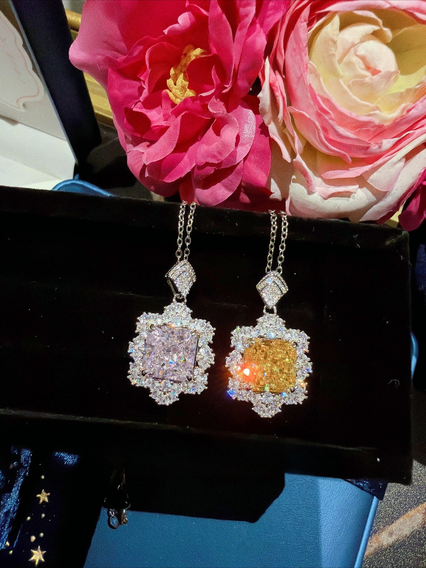 18K Gold-Plated Cushion-Cut Petal Halo Necklace & Ring