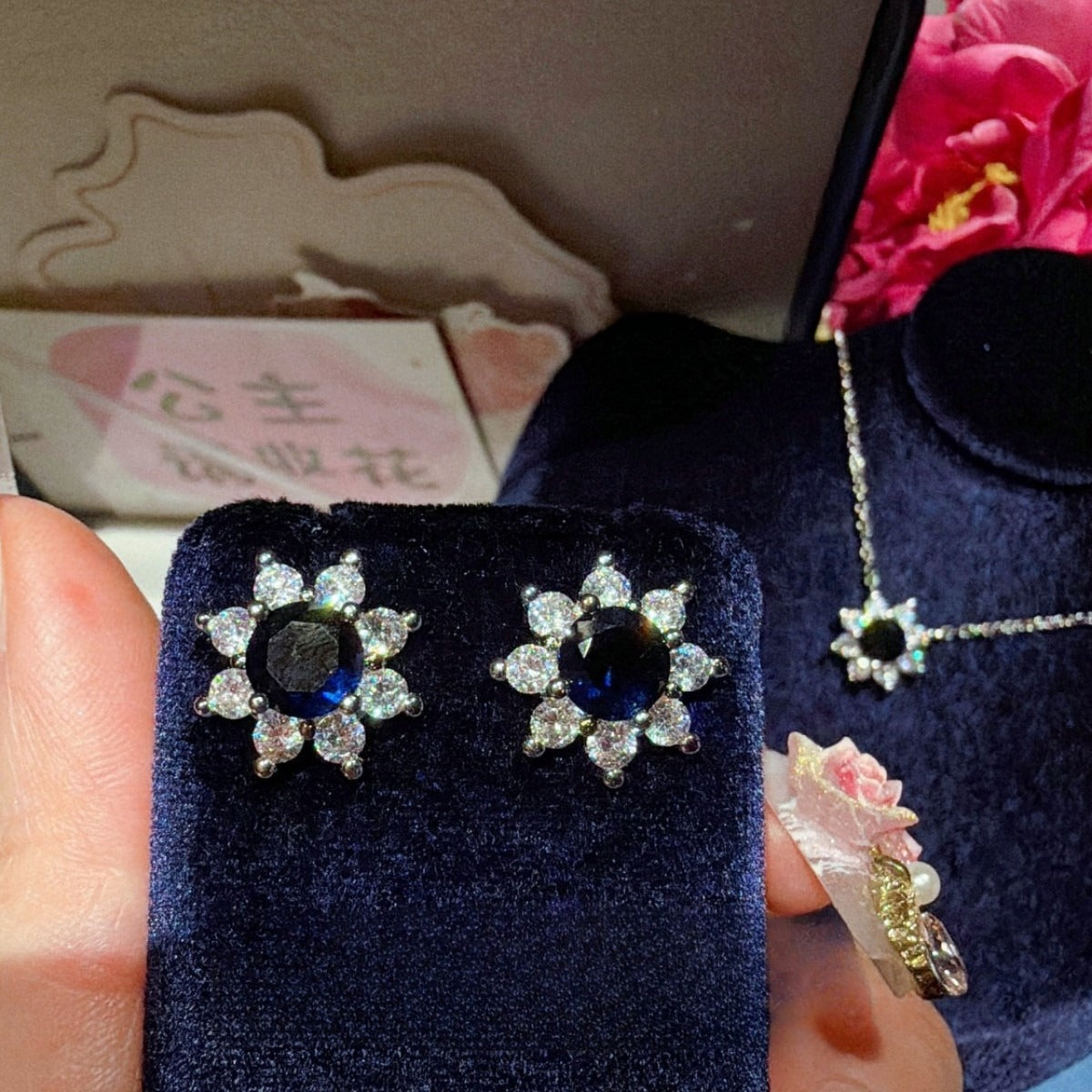Opulent Sunflower Sapphire Blue Jewelry Set