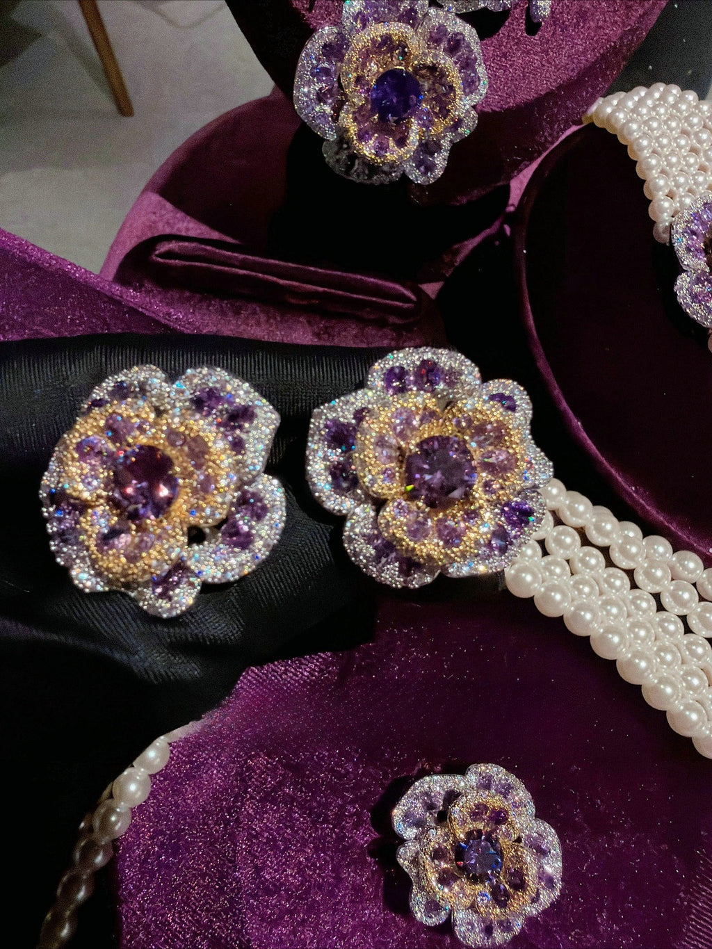 Royal Amethyst Floral Pearl Statement Jewelry Set