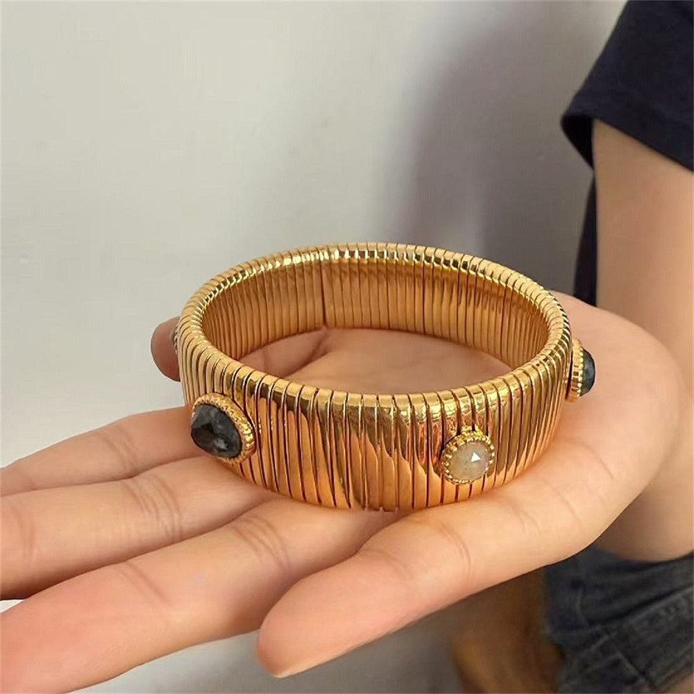 Vintage Mixed Natural Gemstone Gold Plated Cuff Bracelet