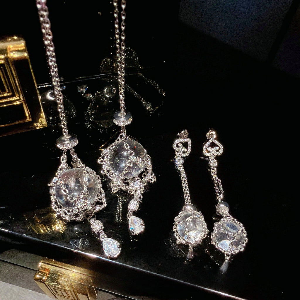 Whimsical Waterdrop Crystal Orb Necklace & Earrings Set
