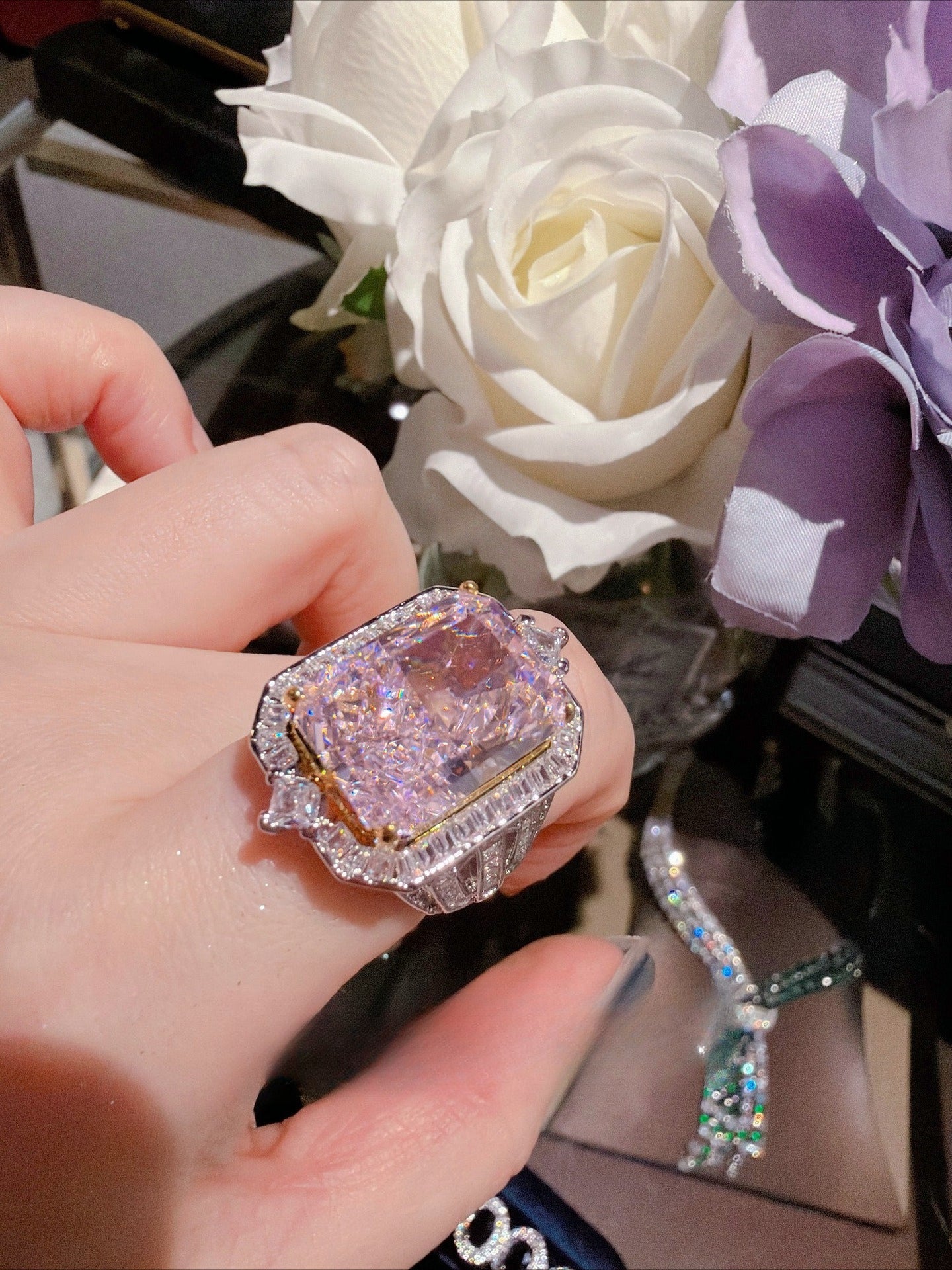 18K Gold-Plated Cushion-Cut Petal Halo Necklace & Ring