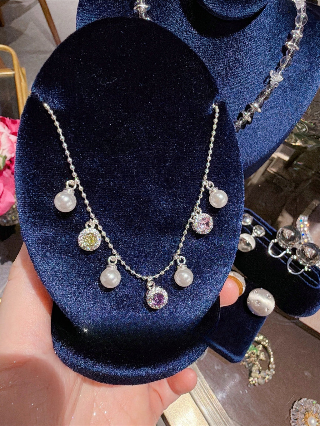 Parisian Garden Chime|Layered Pearl Camellia Charm Necklace