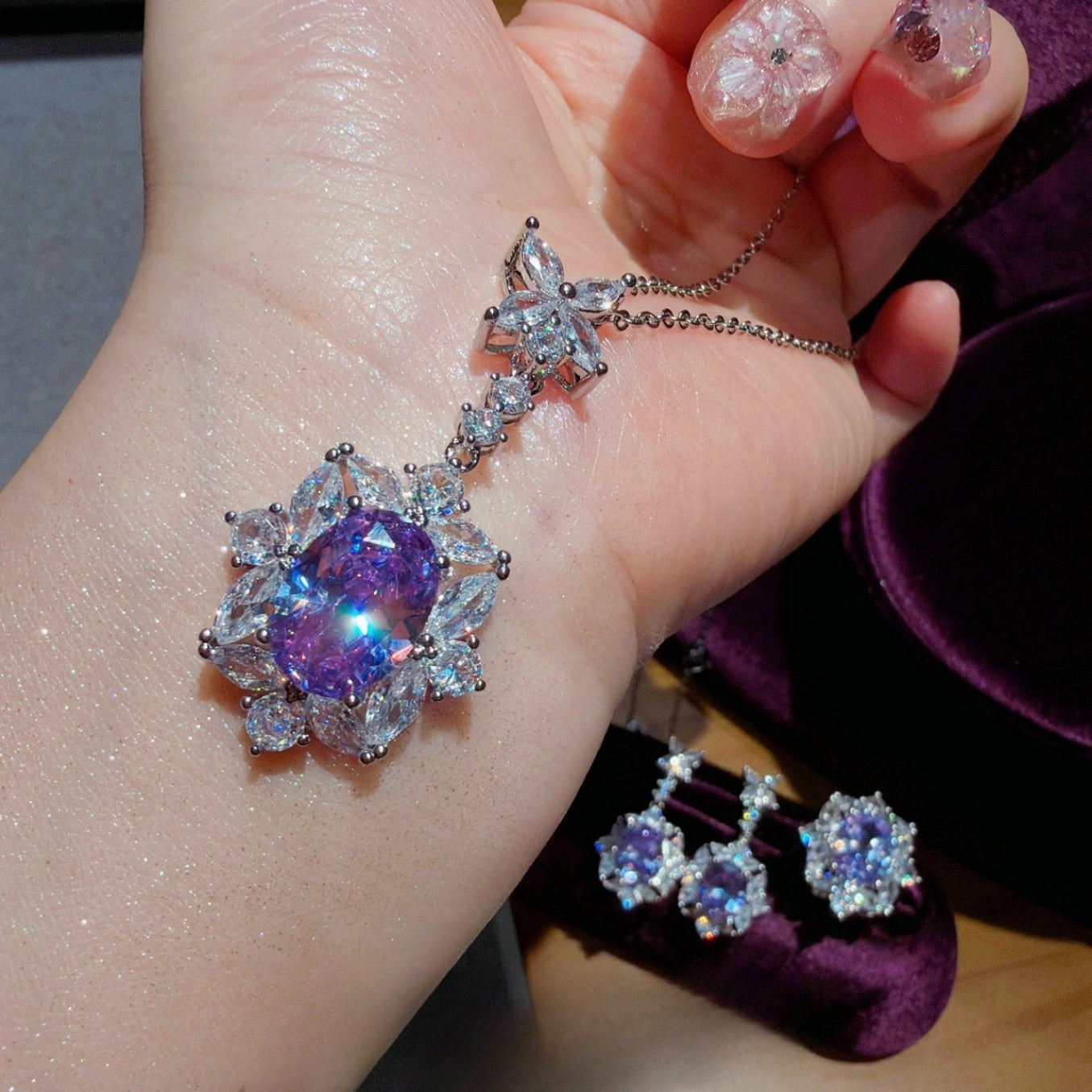Ethereal Purple Blossom Layered Violet CZ Jewelry Set