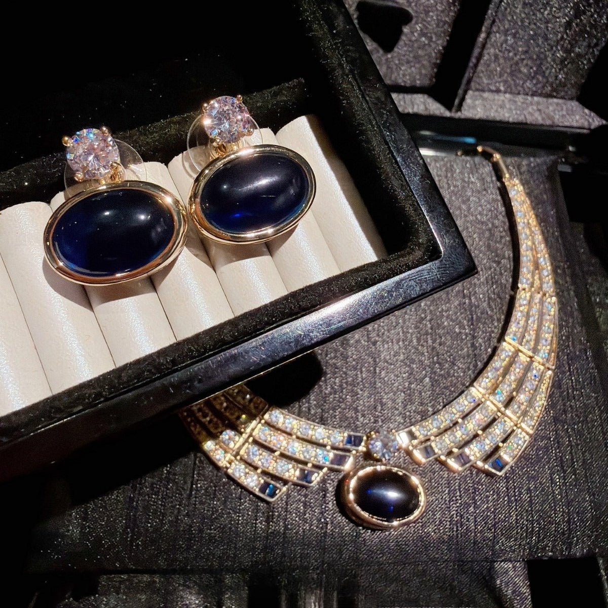 Vintage Sapphire Blue Oval Cabochon Full Pavé CZ Jewelry Set