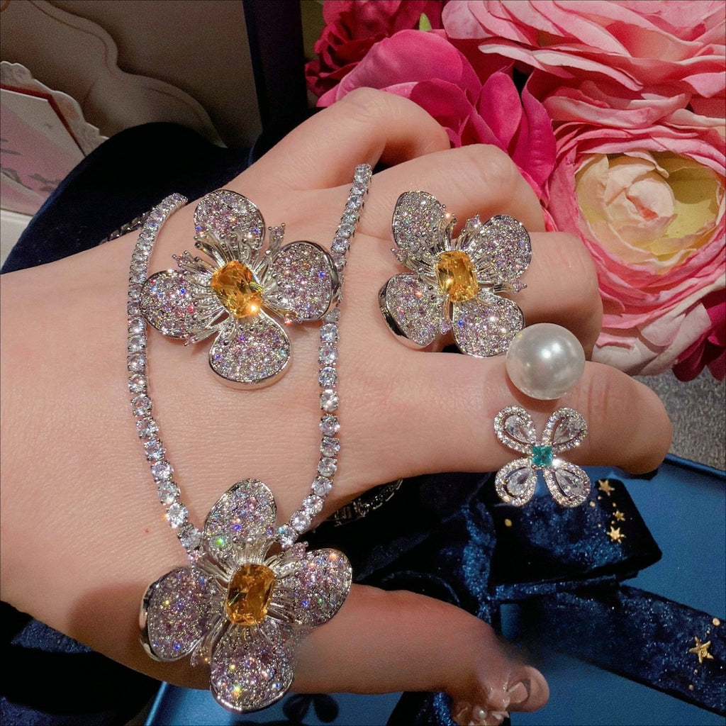 Luxury Yellow Jewel-Tone Cushion-Cut Flower Jewelry Set