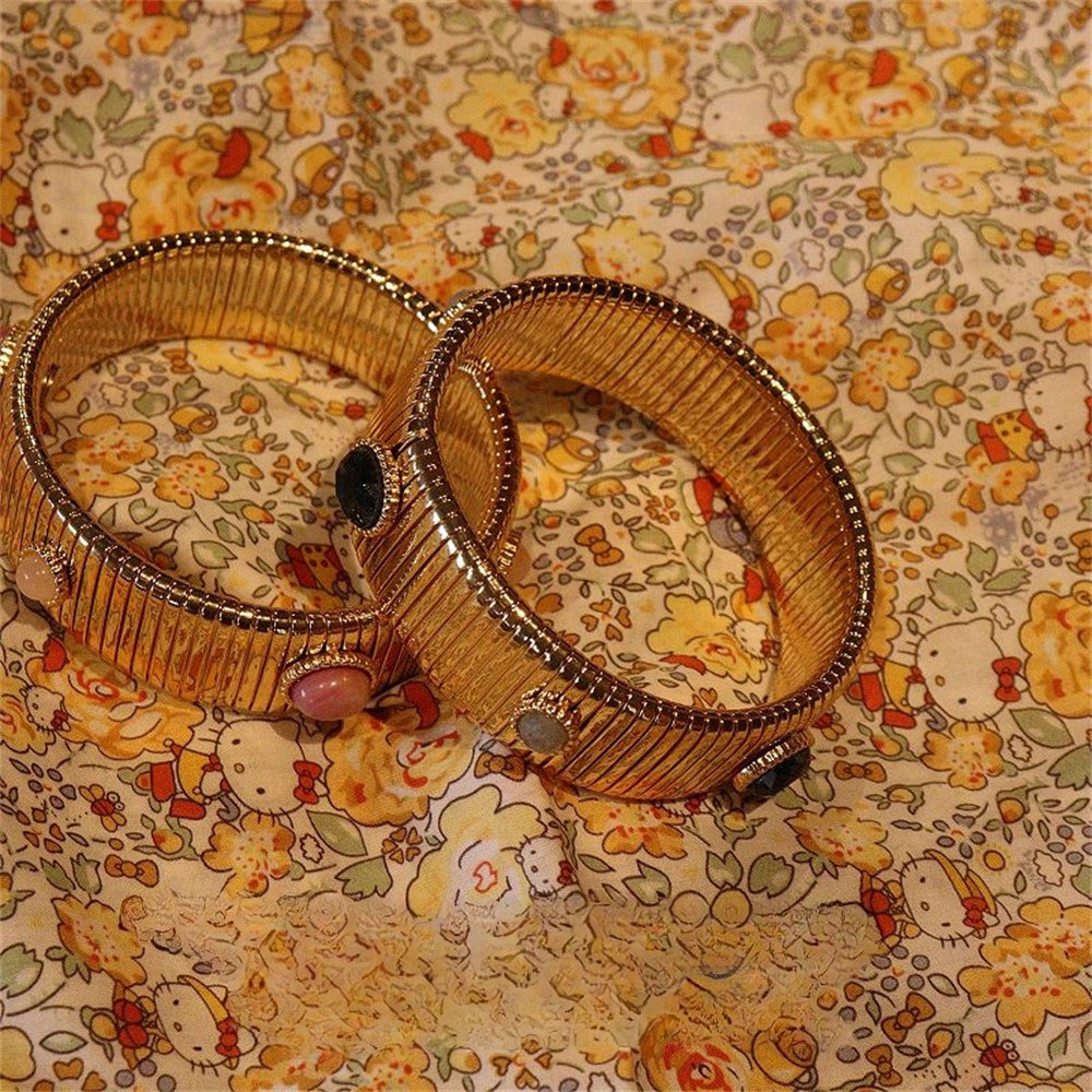 Vintage Mixed Natural Gemstone Gold Plated Cuff Bracelet