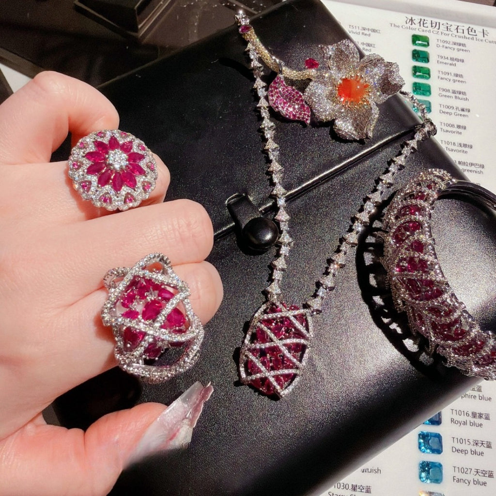Art Deco Ruby Crimson Gala Set|Majestic 18K Gold Plated Statement Jewelry