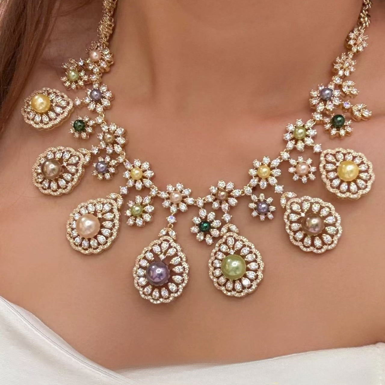 Enchanted Garden Multi-Color Pearl Garland Necklace Earrings