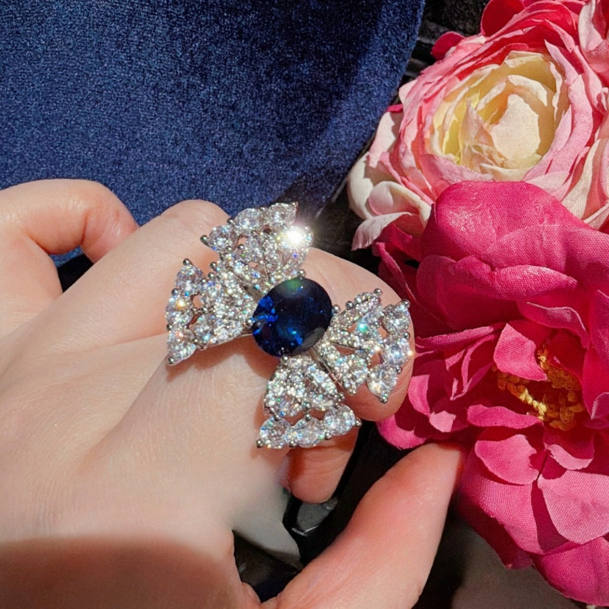 Elegant Sapphire Blue Bow Full Pave Jewelry Set