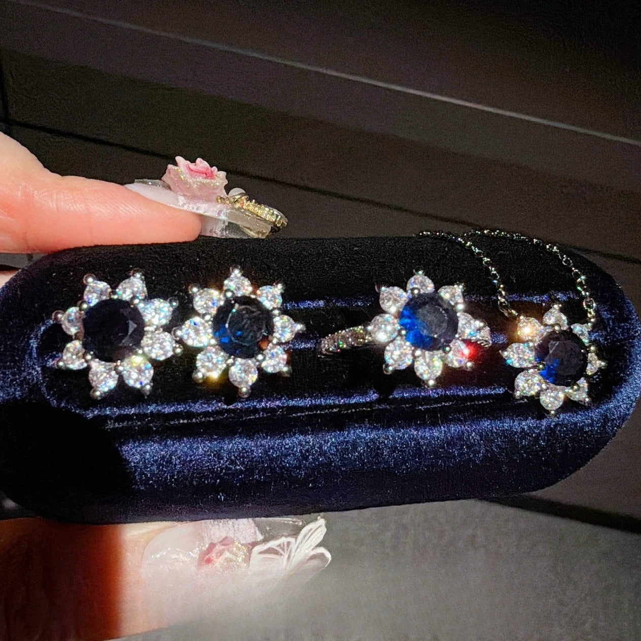 Opulent Sunflower Sapphire Blue Jewelry Set