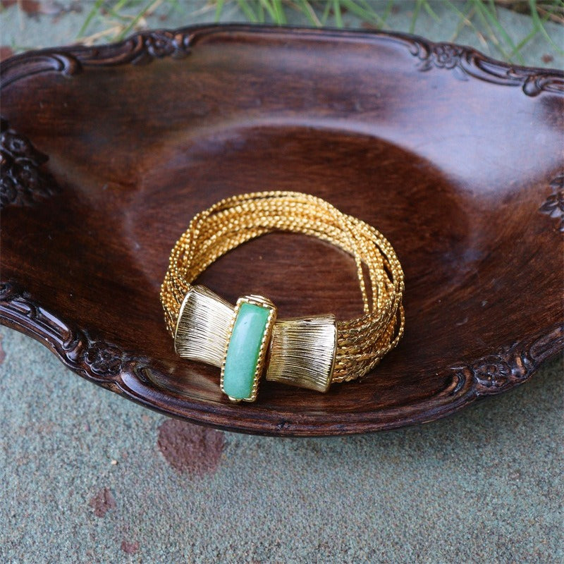 Mid-Century Liquid Gold Ribbon Natural Stone Necklace & Bracelet