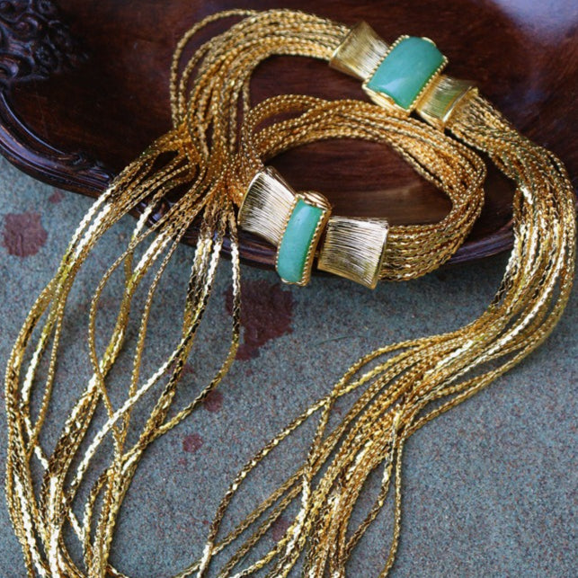 Mid-Century Liquid Gold Ribbon Natural Stone Necklace & Bracelet