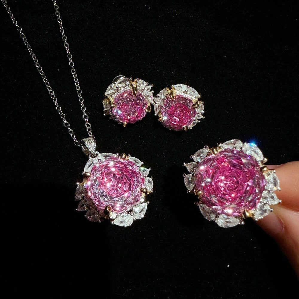 French Romantic Carved Rose Halo Jewelry Set