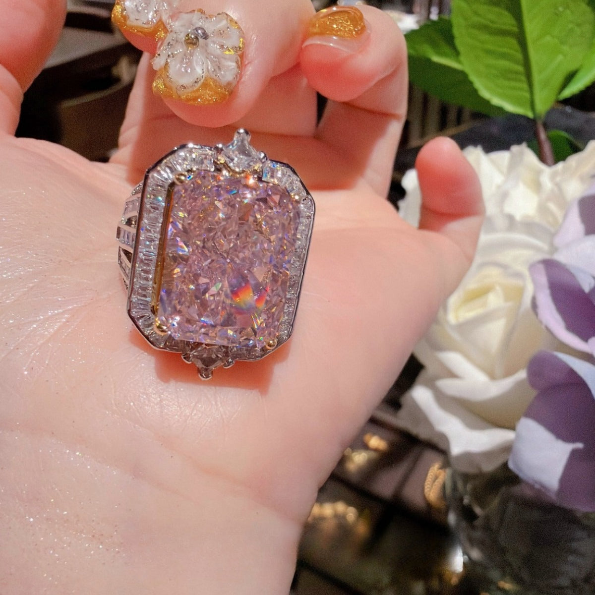 18K Gold-Plated Cushion-Cut Petal Halo Necklace & Ring