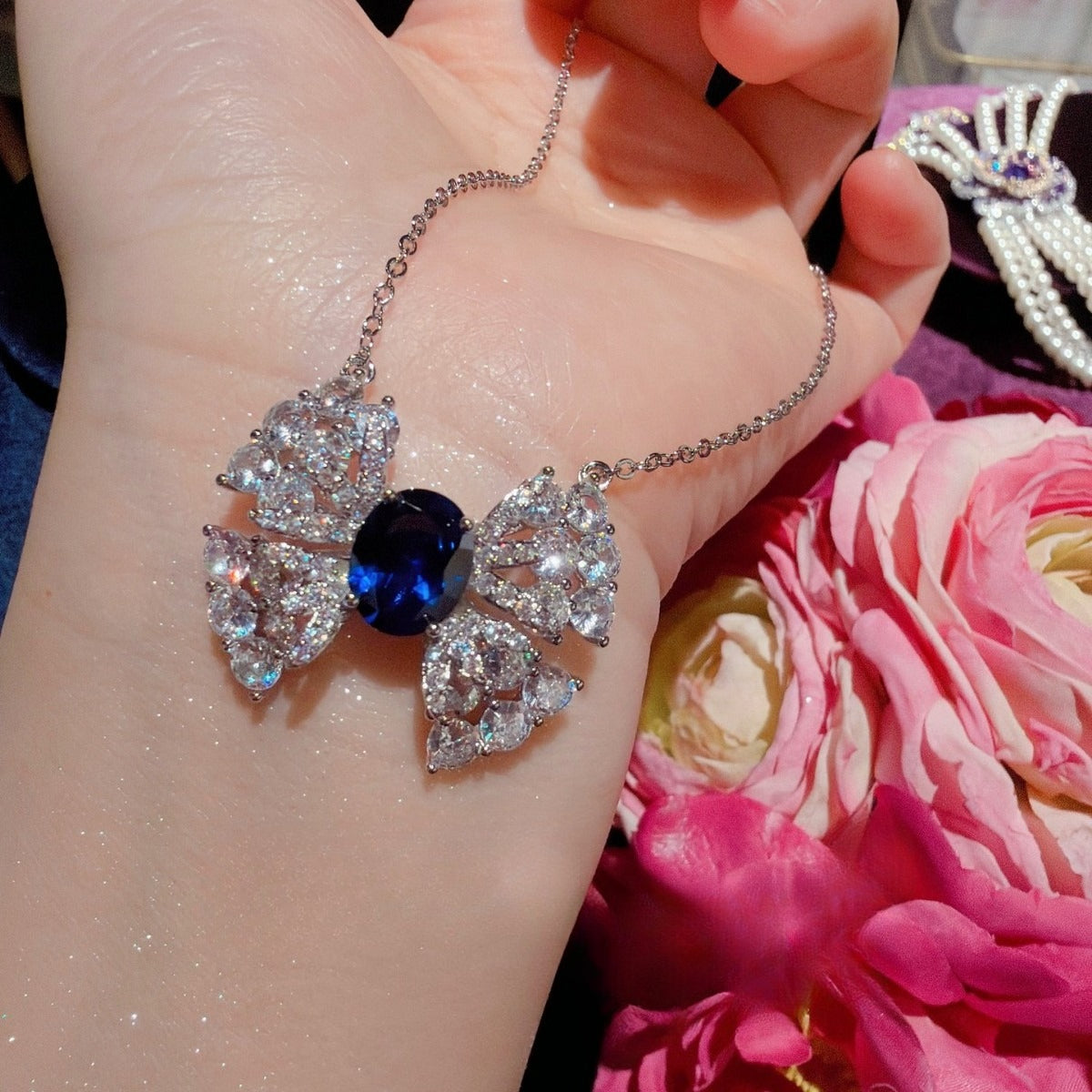 Elegant Sapphire Blue Bow Full Pave Jewelry Set