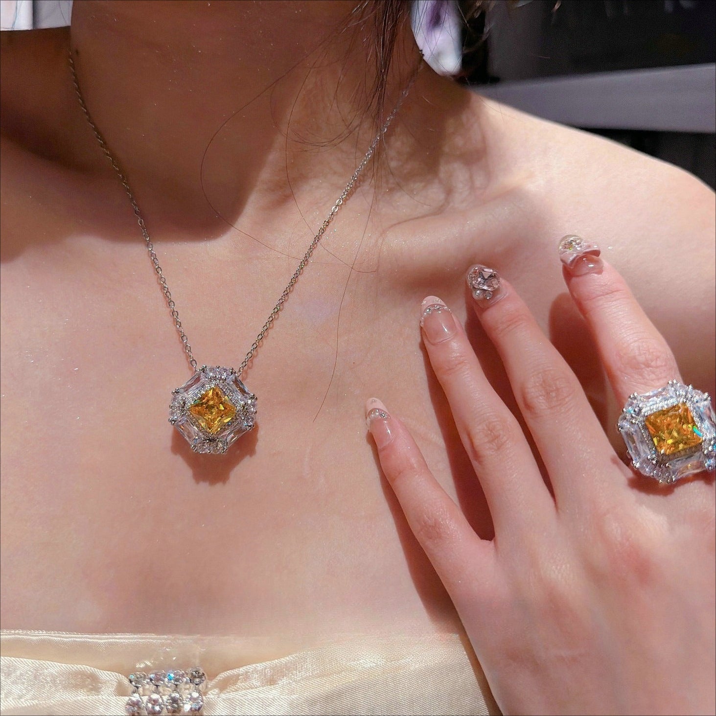 Canary Cushion-Cut & Baguette Halo Jewelry Set