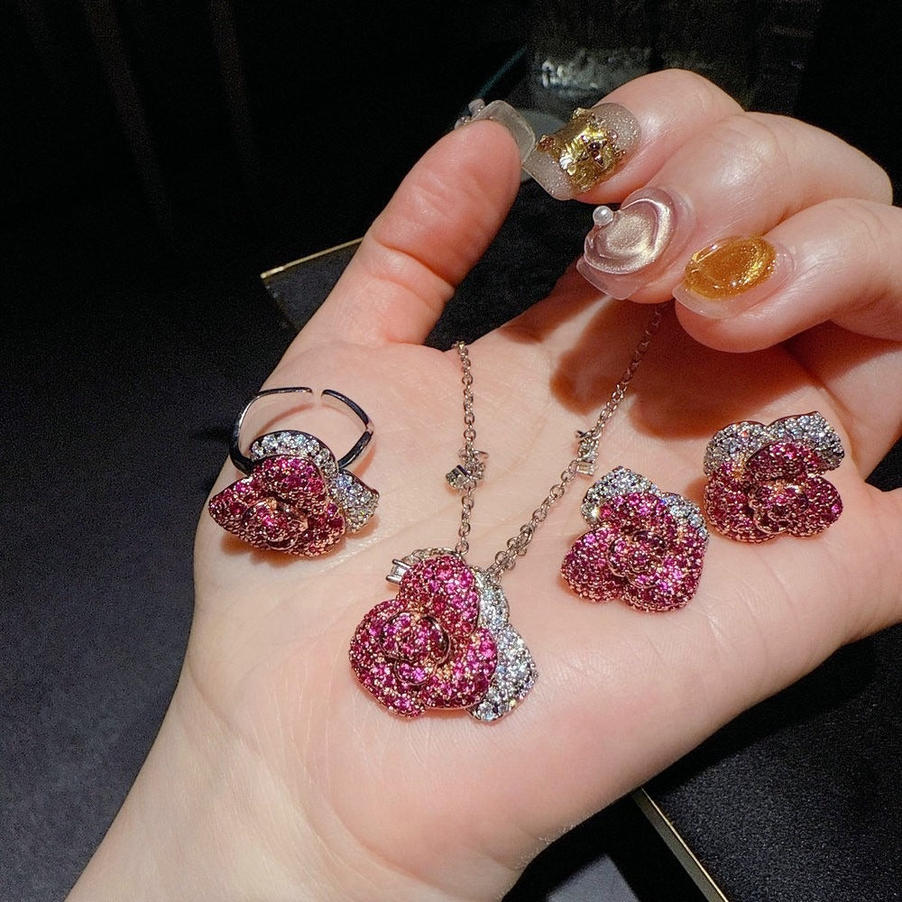 The Midnight Rose Collection|Crimson Floral Pavé Jewelry Set