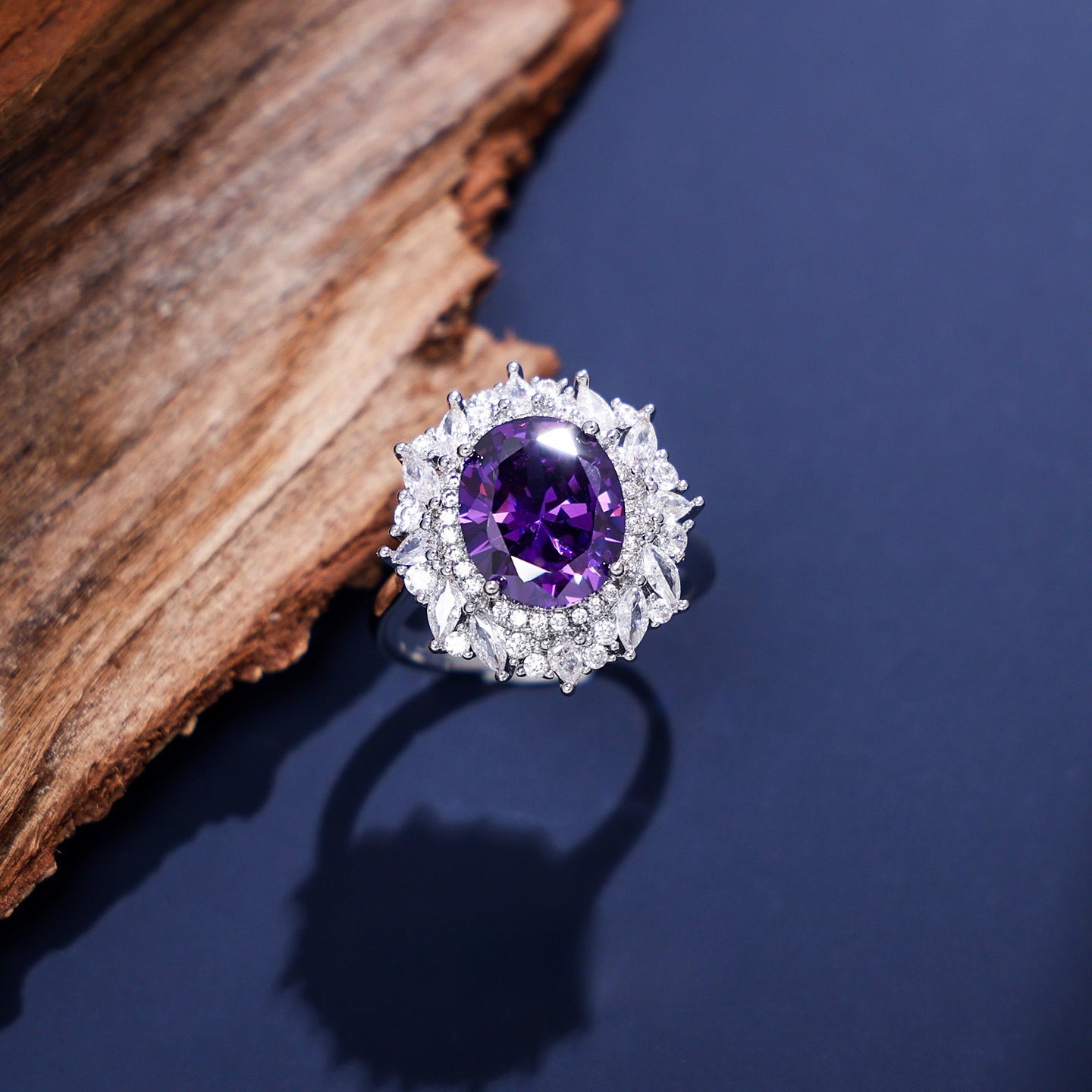 Royal Oval Gemstone-Tone Sunburst Halo Ring