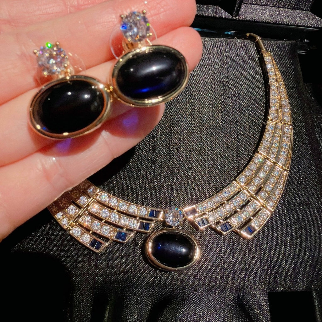 Vintage Sapphire Blue Oval Cabochon Full Pavé CZ Jewelry Set