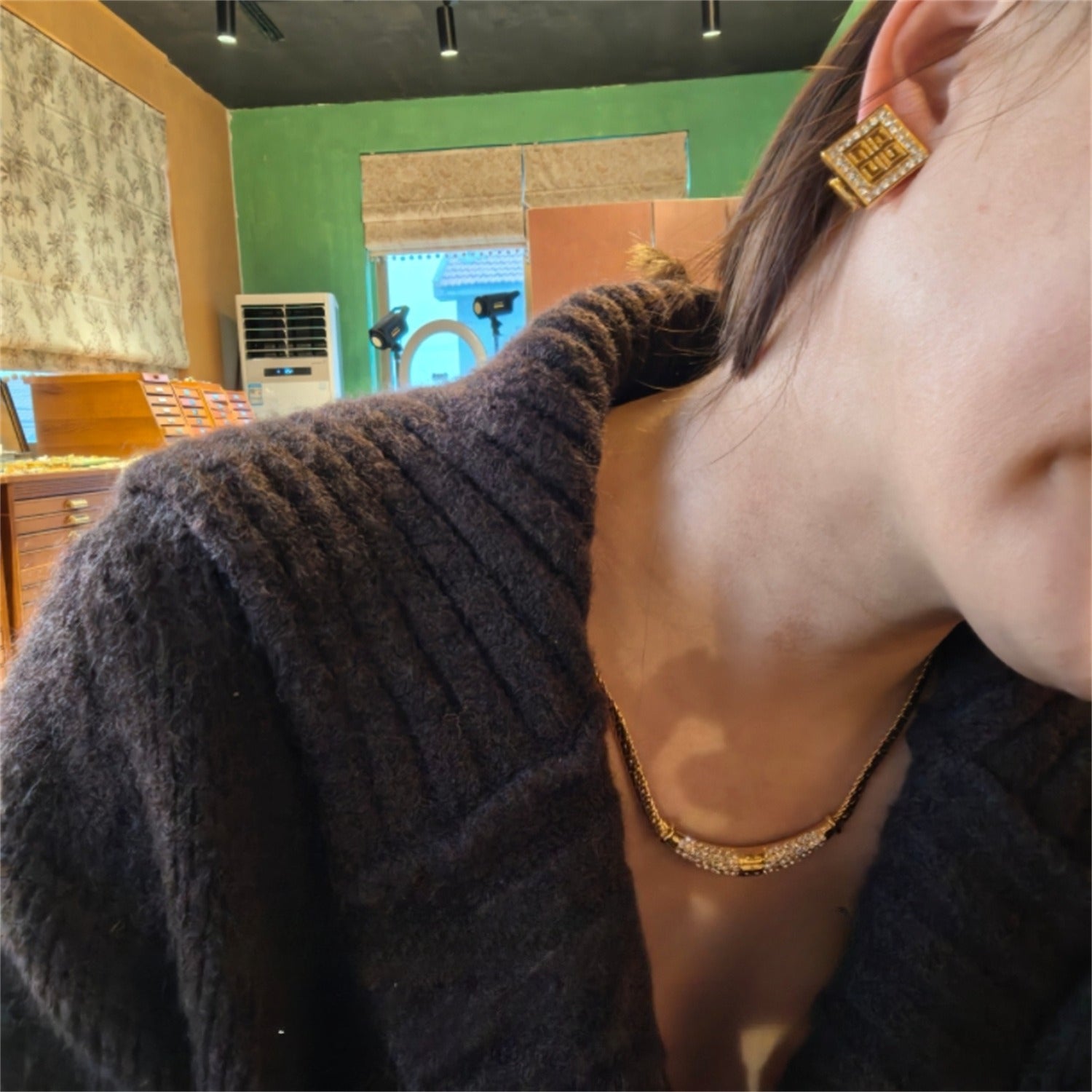 Modernist Maze Collection|Geometric Pavé Gold Necklace & Earrings Set