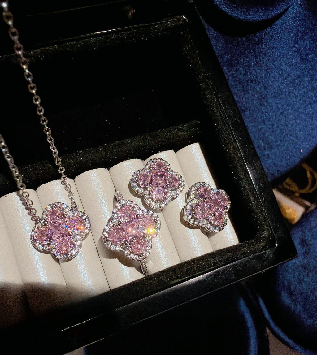 Blush Pink Four-Leaf Clover Full Pavé 18K Gold Plated Jewelry Set