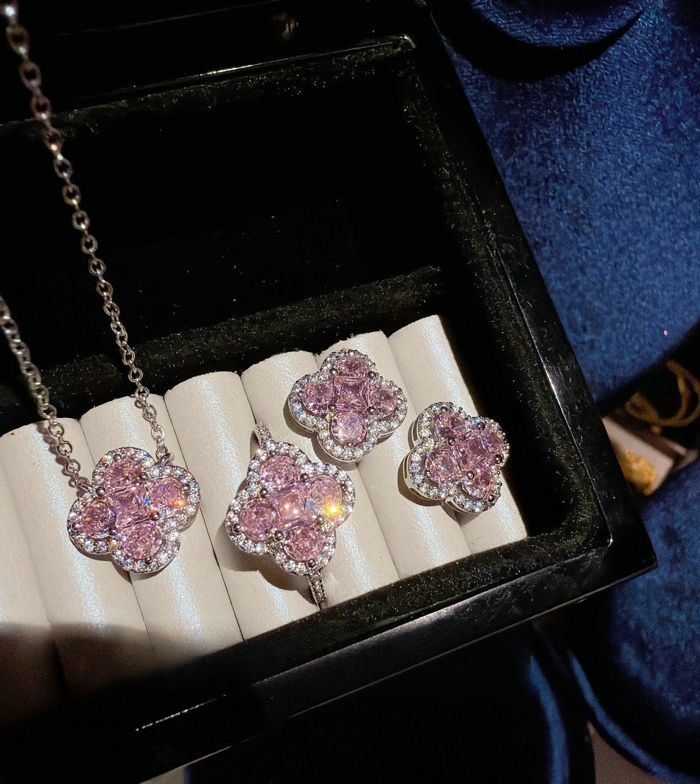 Blush Pink Four-Leaf Clover Full Pavé 18K Gold Plated Jewelry Set