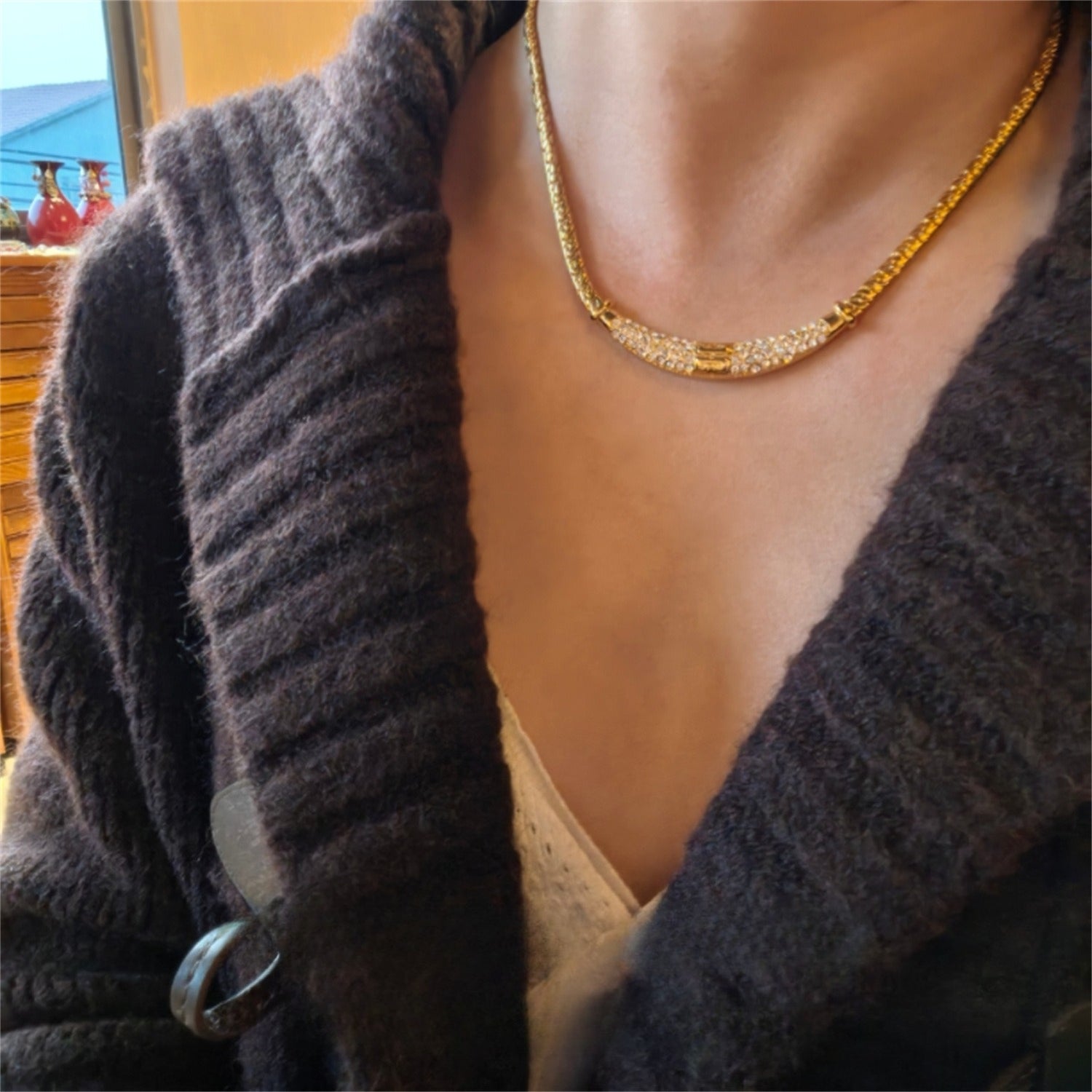 Modernist Maze Collection|Geometric Pavé Gold Necklace & Earrings Set