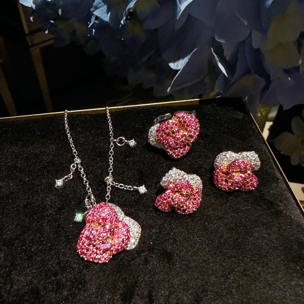 The Midnight Rose Collection|Crimson Floral Pavé Jewelry Set