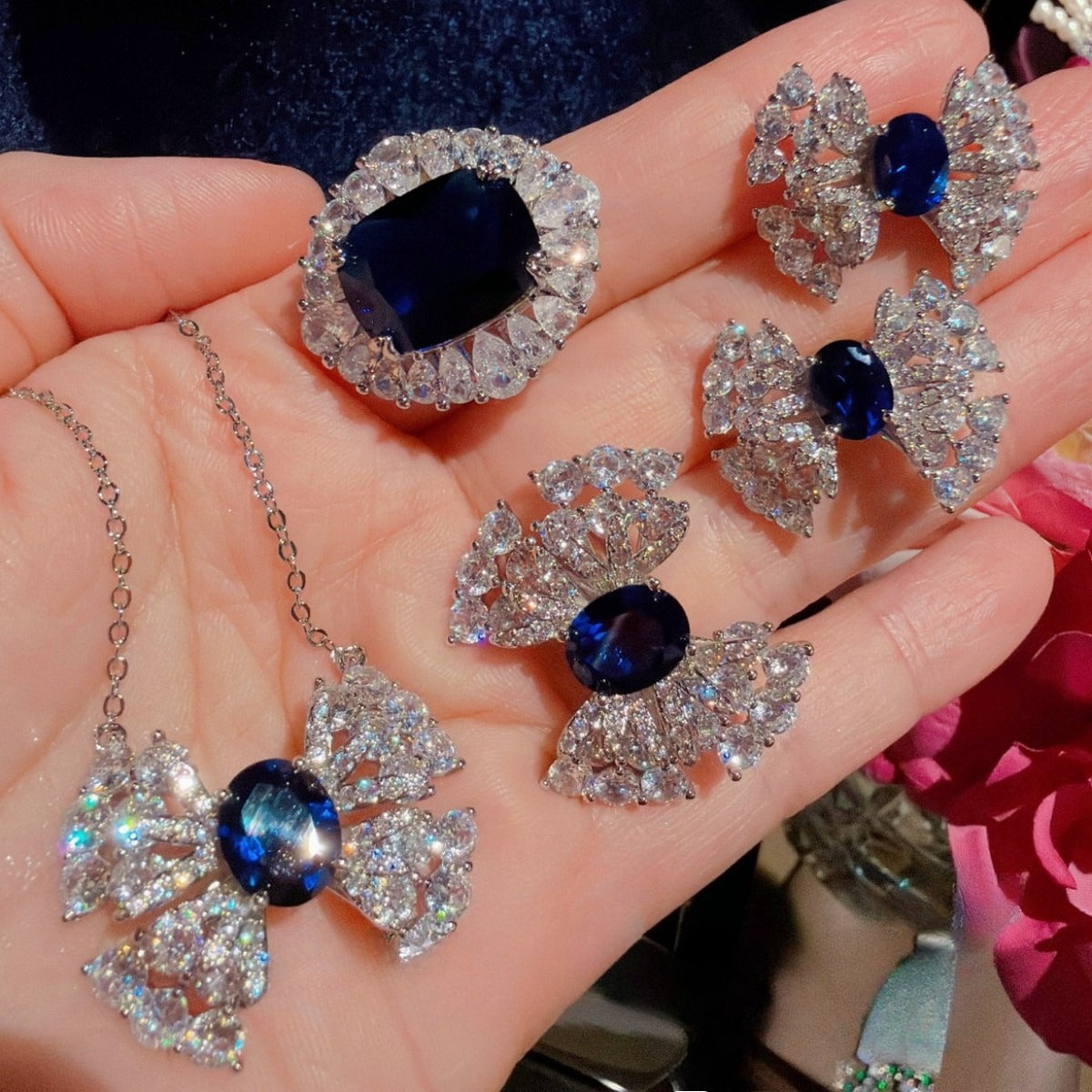 Elegant Sapphire Blue Bow Full Pave Jewelry Set