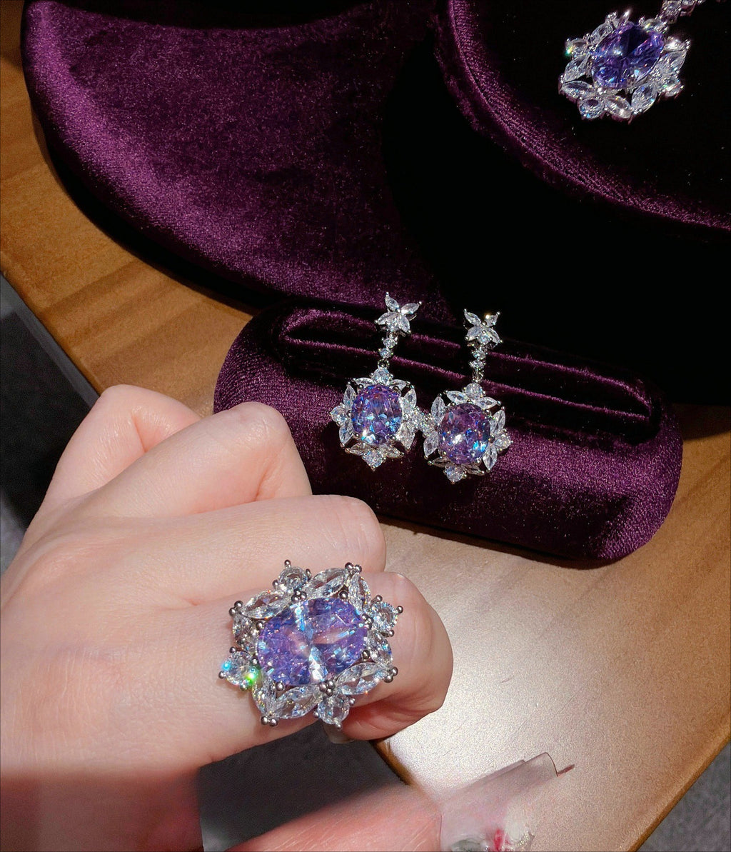Ethereal Purple Blossom Layered Violet CZ Jewelry Set