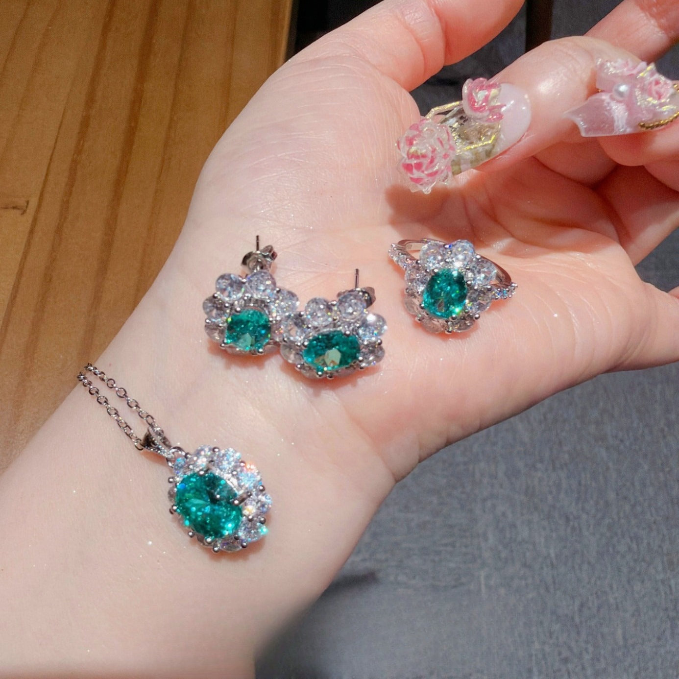 Aqua Bloom Sunflower Necklace Earrings & Ring