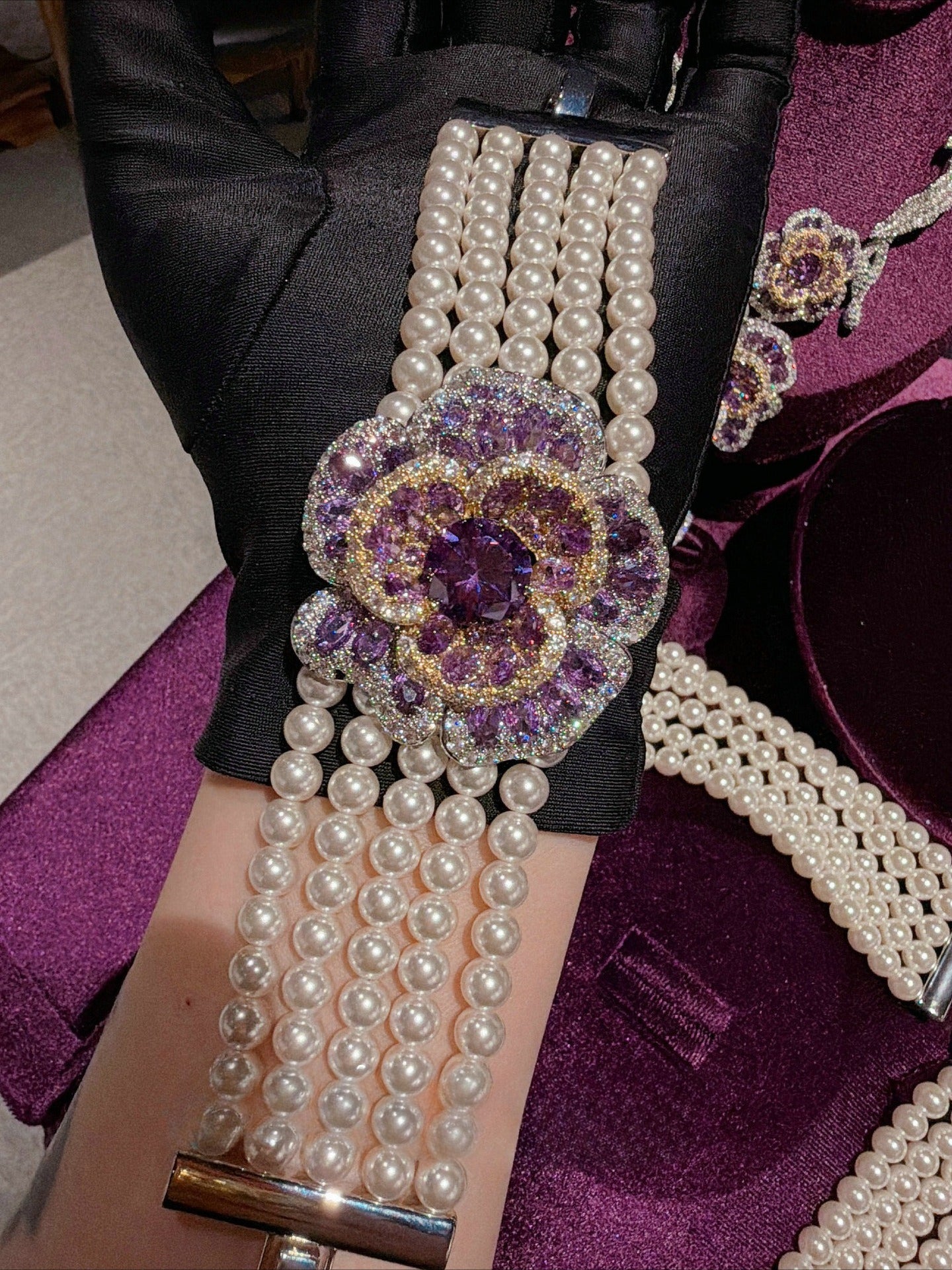 Royal Amethyst Floral Pearl Statement Jewelry Set