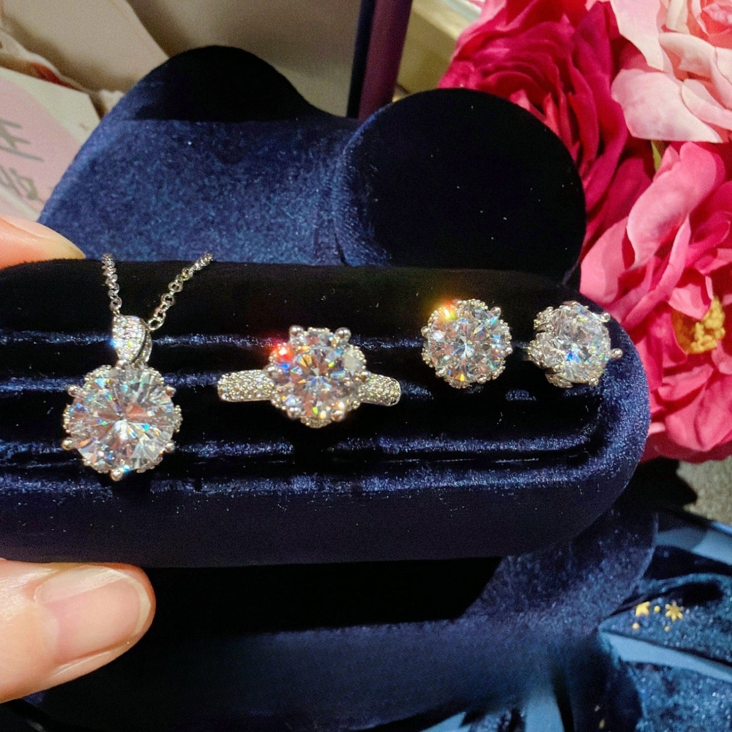 Bridal Bouquet Pendant Set|Premium CZ Necklace Earrings Ring
