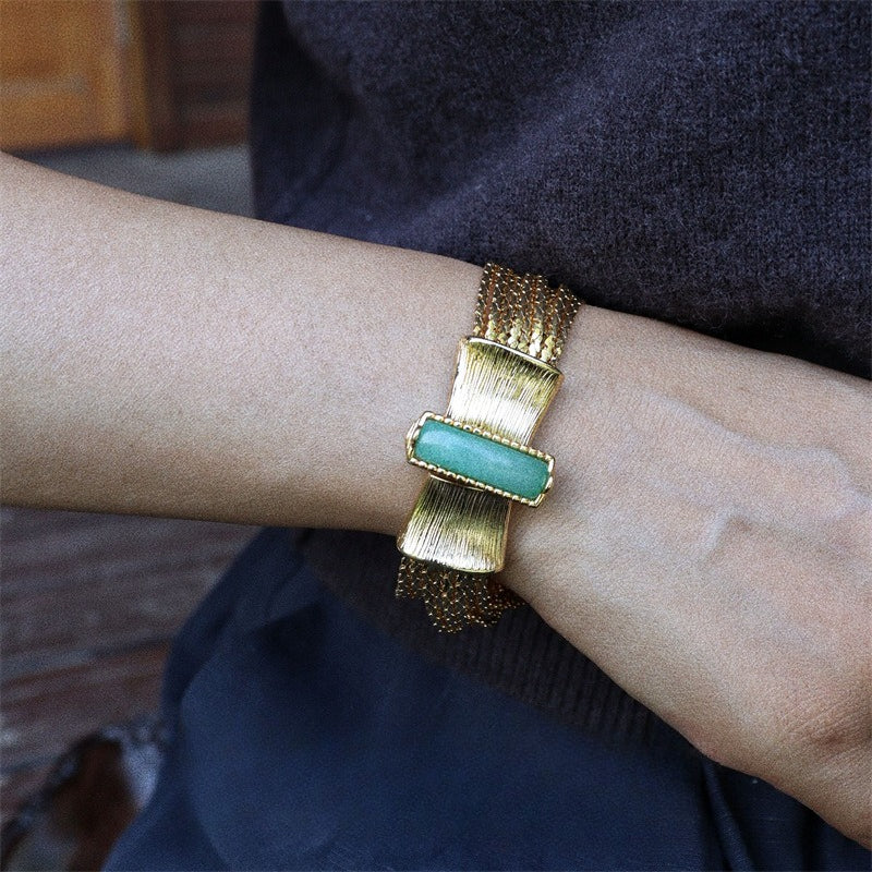 Mid-Century Liquid Gold Ribbon Natural Stone Necklace & Bracelet