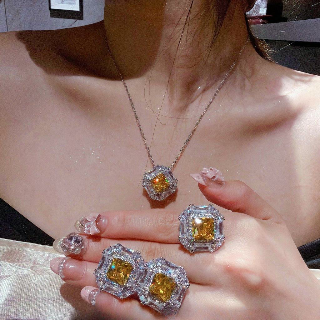 Canary Cushion-Cut & Baguette Halo Jewelry Set