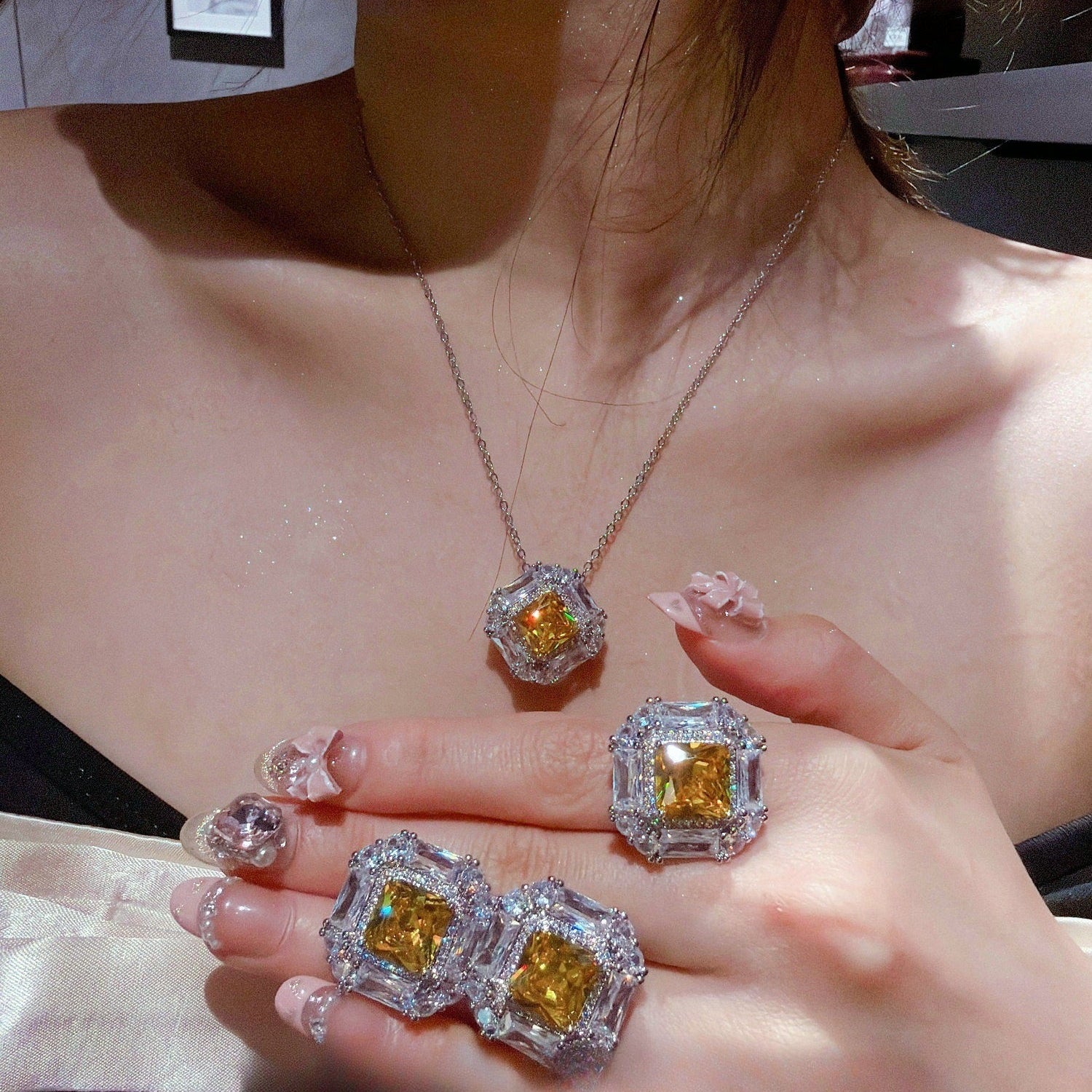 Canary Cushion-Cut & Baguette Halo Jewelry Set