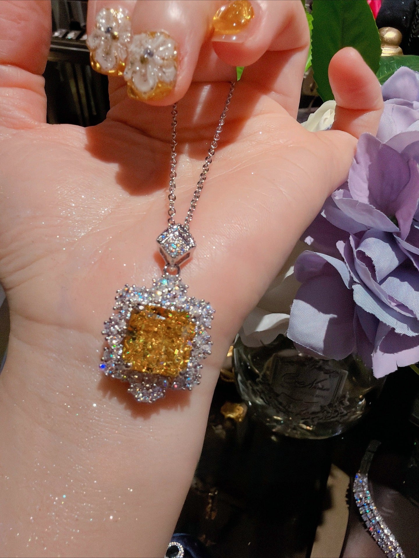 18K Gold-Plated Cushion-Cut Petal Halo Necklace & Ring