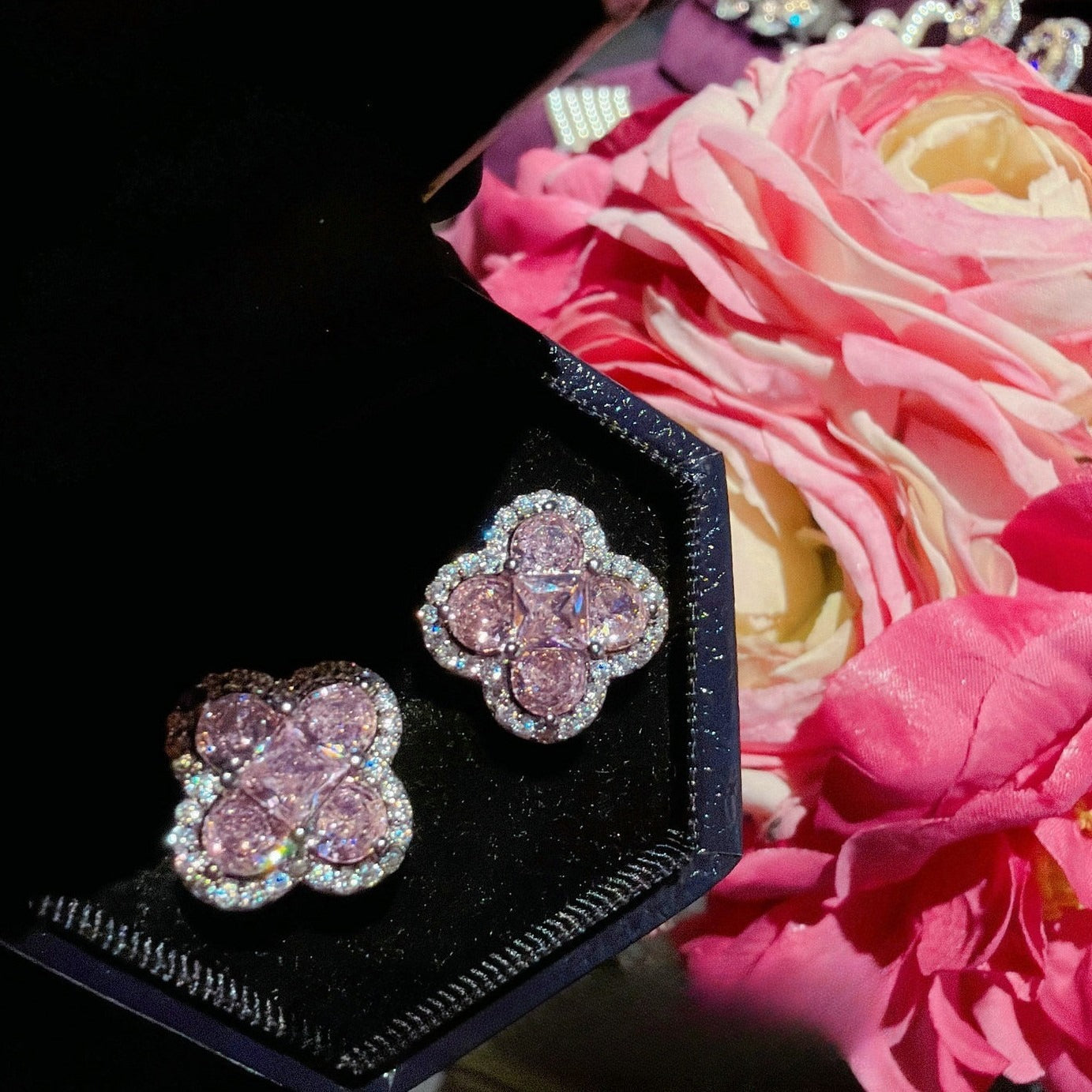 Blush Pink Four-Leaf Clover Full Pavé 18K Gold Plated Jewelry Set