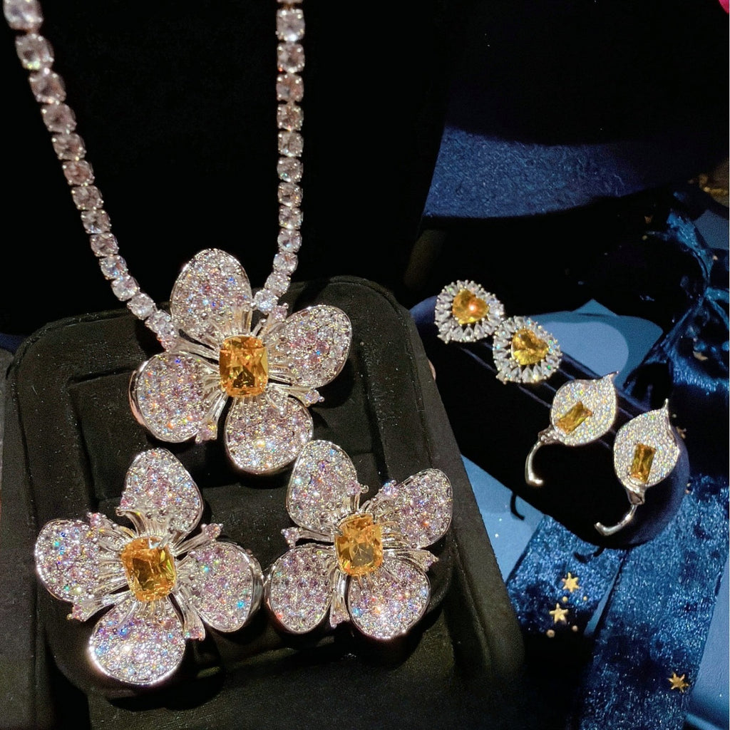 Luxury Yellow Jewel-Tone Cushion-Cut Flower Jewelry Set