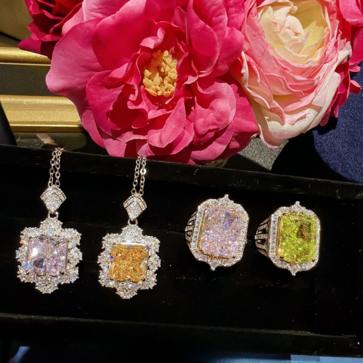 18K Gold-Plated Cushion-Cut Petal Halo Necklace & Ring