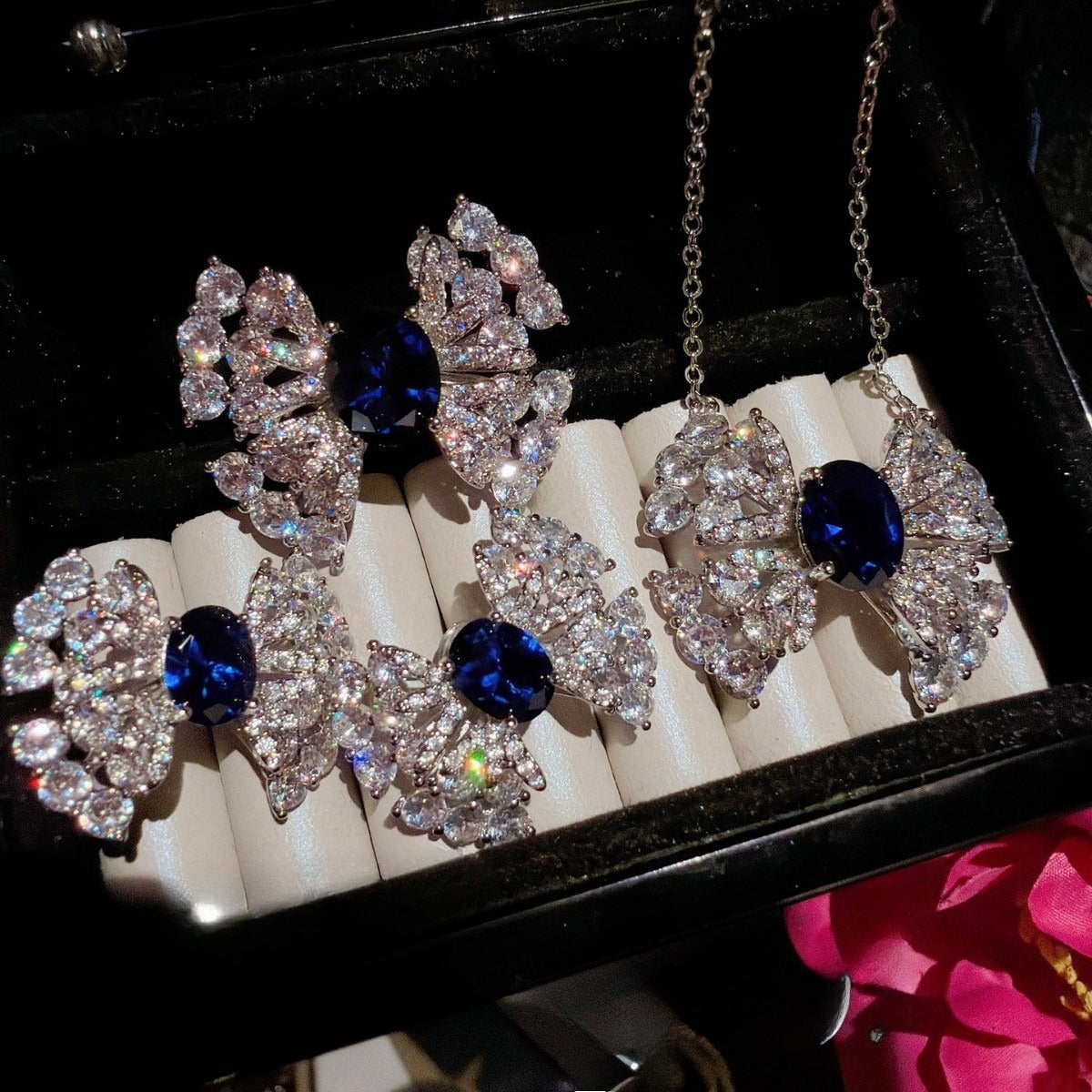 Elegant Sapphire Blue Bow Full Pave Jewelry Set