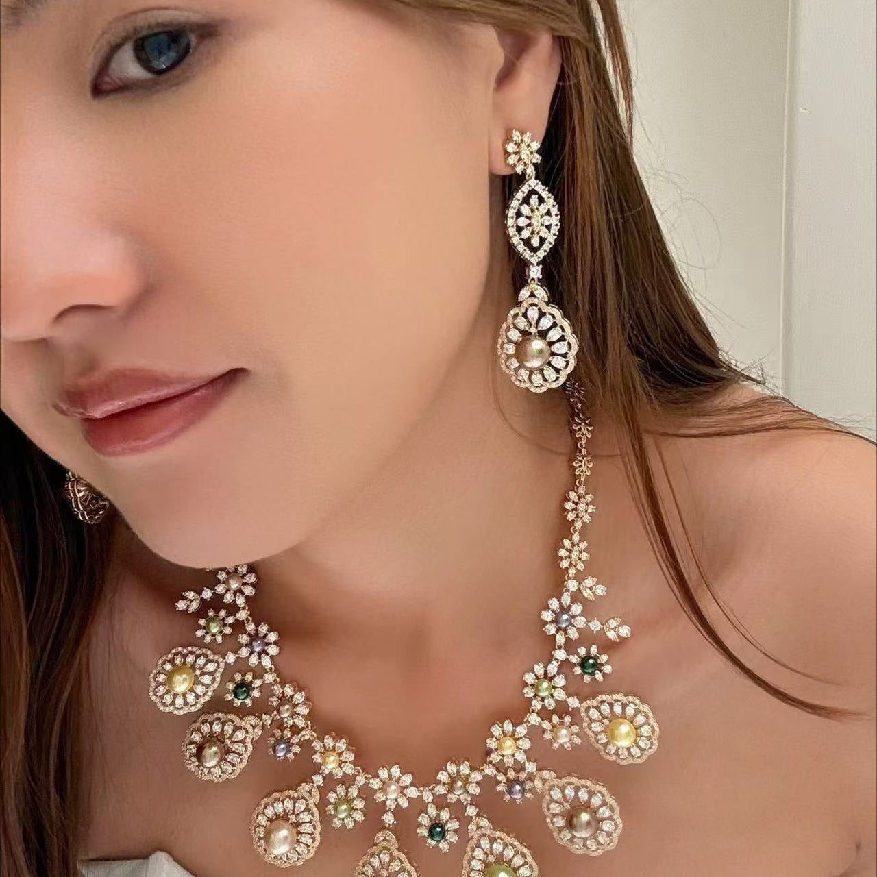 Enchanted Garden Multi-Color Pearl Garland Necklace Earrings