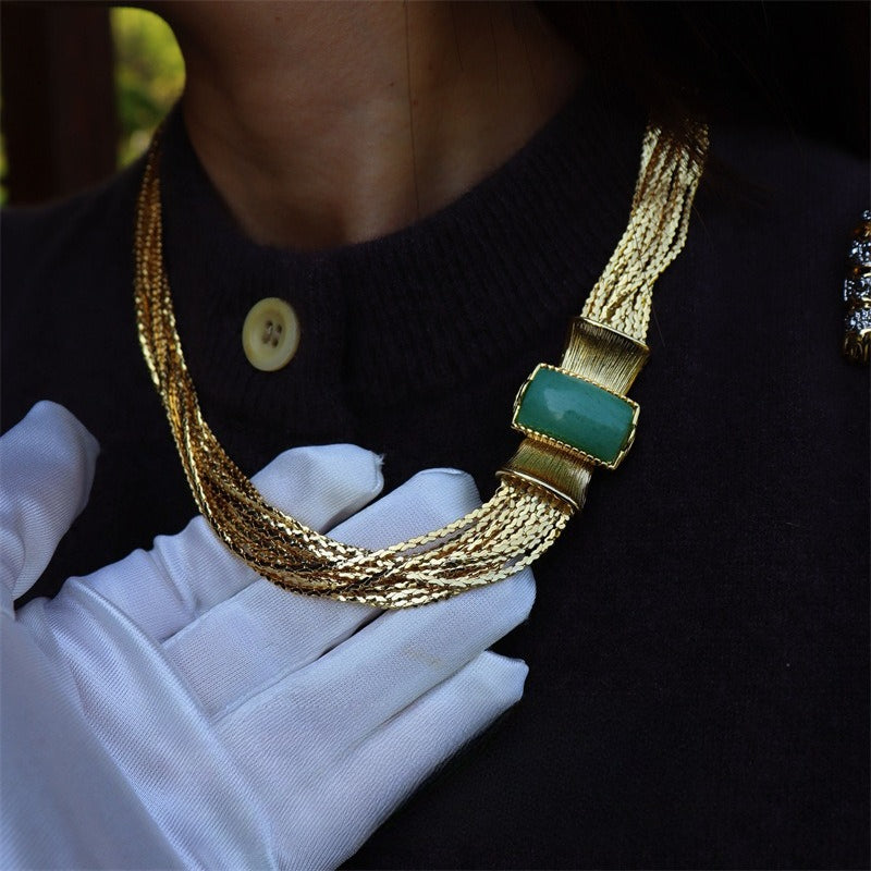 Mid-Century Liquid Gold Ribbon Natural Stone Necklace & Bracelet