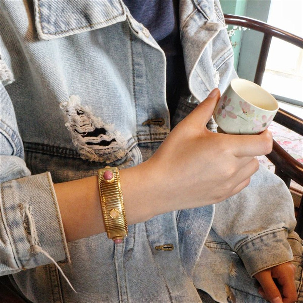 Vintage Mixed Natural Gemstone Gold Plated Cuff Bracelet