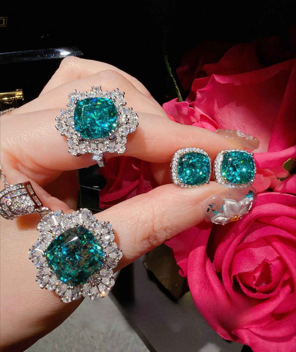 Paraiba Blue-Green Floral Jewelry Set